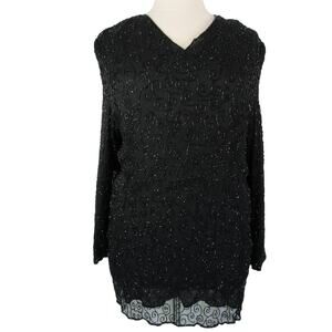 Felicity Evening Sequin Tunic Blouse V Neck Long Sleeves Size XL Black Vintage